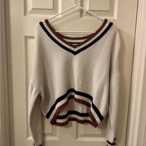 American Eagle Outfitters V-Neck Sweater - White, Brown, and Navy